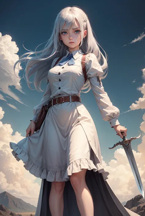 main character girl , budge hair, Silver colour hair, like 1940 fashion dress, detailed, Reach from another dimension, New to this world, 1 girl,carry a sword at her waist with belt,UHD, Super Detailed, High Quality, Anime, Anime Style,Tears, POV, Blue eye...