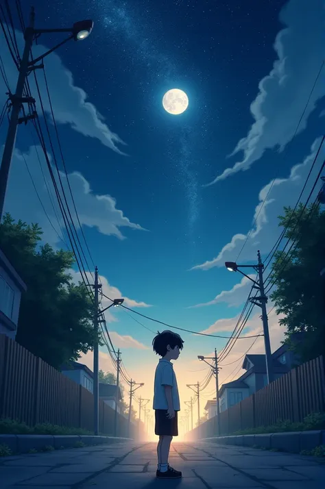 In the evening, when the moon rises in the sky, the stars will sparkle and the clouds will fly away. A boy will stand on the street and look at the sky