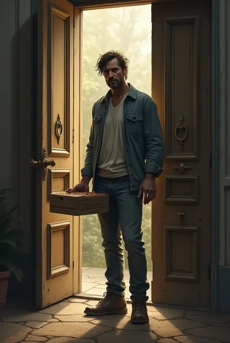 A man opening the mansion door, looking tired and disheveled, with a pizza box in hand.