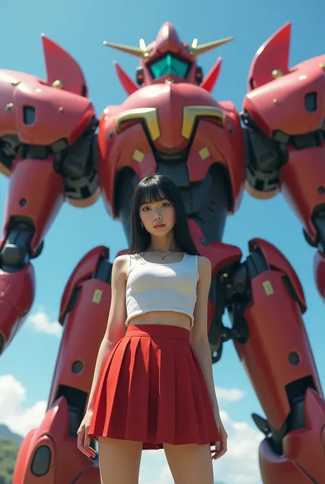 Attractive japanese school woman, attractive face, posing in front of a big tall buff spider themed red white and gold empty mecha suit with web detailing and its cockpit open, full body, 8K, realistic movie live action quality look, unreal engine, ultra r...