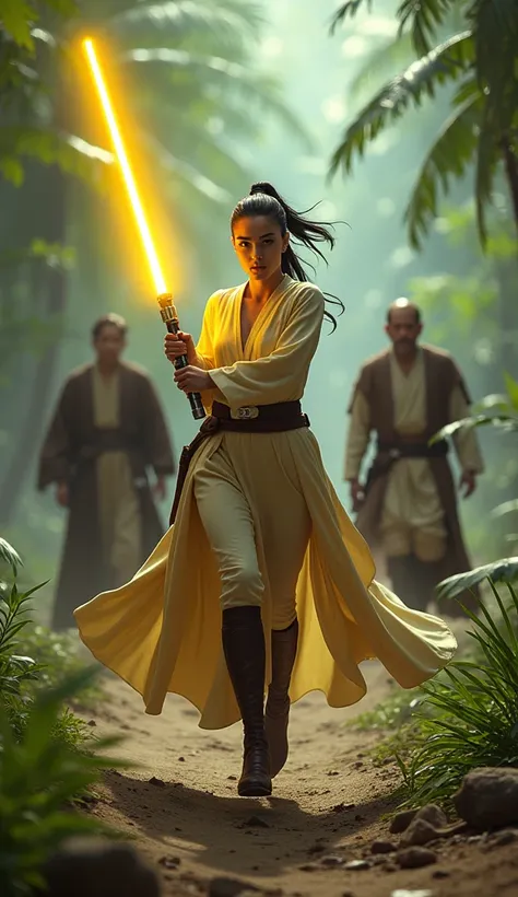 {Best Quality}, {Excellent}, {8k}, High Quality, Knight, jedi, Female, Long Hair, Black Hair, {Ponytail:1.2}, Full Body Image, Yellow Glowing Lightsaber, Great Figure, Long Legs, {combat}, jedi Outfit, Two jedi Knights Behind, {Green Lightsaber in Hand:1.2...