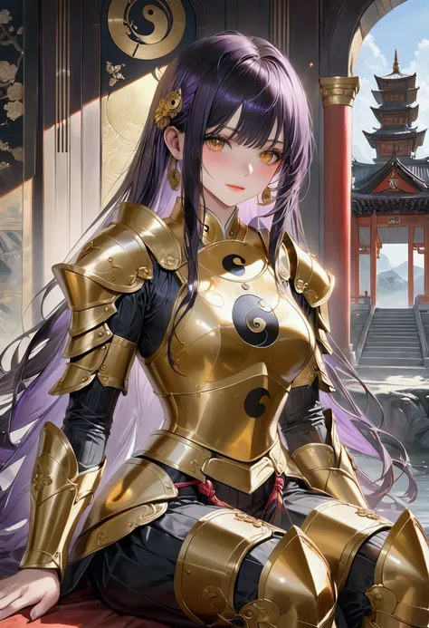 Long smooth straight black hair, inner colored dark-purple hair, golden eyes,sitting in yin yang armour, masterpiece, super detail, best quality, 8k,realistic