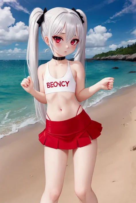 Мужской пол,, dressed in a sexy top and mini skirt ,white hairstyle,red eye color,sexy pose, on the beach ,with a small dick,with pigtails,11 мальчик, Реалистичная анатомия, Аниме, 