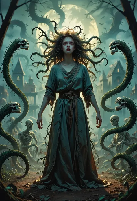 Standing before you is a towering, eerie figure—an otherworldly female creature. Her skin is pale and almost translucent, veins pulsing with a dark, shadowy energy. Long, tangled hair flows down her back, intertwining with creeping vines and thorns. Her ey...