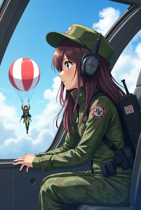 A girl with long brown hair,(Aware of half Japanese and half Nordic girls)(Be aware of cute high school girls)Camouflage clothing、Military hat with radio、Has a ballasting device attached to its back、(Inside a Japanese Self-Defense Force helicopter flying t...