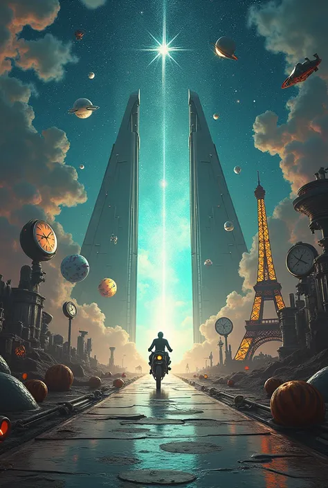 A man on a motorcycle rides along the road that is in a celestial constellation to pass through a door that opens onto our world. Il y a aussi des mécanismes et horlogerie,et devant la porte une pyramide, la tour Eiffel et la Joconde qui indique la directi...