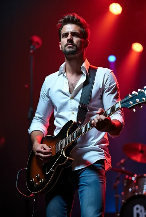 A handsome man playing electric guitar on stage wearing blue jeans white shirt face forward look to camera 