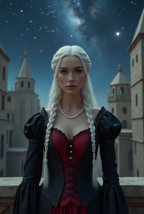 A beautiful woman of House Targaryen, pale skin, fine feature, piercing gaze, long hair, white haired, a braid, Show forehead, pearl necklace, Westeros fashion style, tied top, corset, long sleeves, black and red clothes. outdoor, on the balcony of the obs...