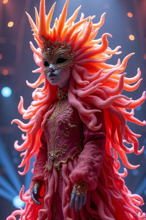 created an image of a person wearing a mascot named "Noble Coral" on the show The Masked Singer