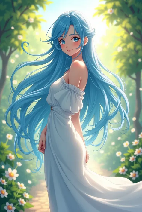 beautiful with very long blue hair in a long white dress in the summer in anime style