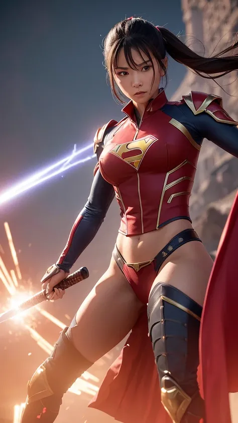 A breathtaking 3D depiction of Supergirl fused with the elegance and power of a Japanese samurai, standing poised for battle on the surface of Mars. She wears a slim-fit version of her suit in a striking metallic silver and dark red combination, perfectly ...