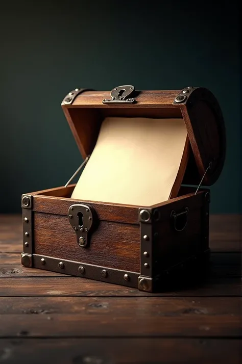 A rustic wooden treasure chest with ornate metal fittings, slightly open to reveal blank pages inside. The chest features a sturdy handle and a keyhole, resting on a dark wooden surface, illuminated softly from the side, enhancing the chests vintage appear...