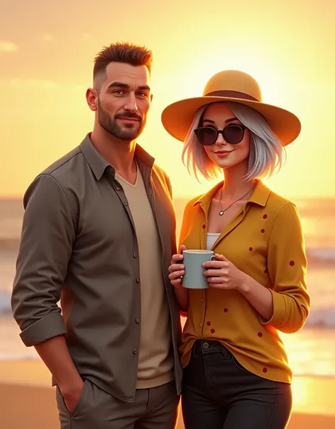 Realistic, 45 years man crew cut hair and pretty woman 35 years face details hd short bob cut silver hair, wearing sunglasses a beach hat, yellow shirt with red dots, black pants, thin smile, mug of coffee, standing together on the beach, rising sun mornin...