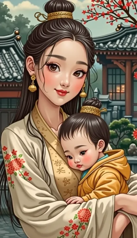 {{masterpiece, best quality, extremely detailed CG, unity 8k wallpaper, cinematic lighting}}, traditional Chinese ink painting, 1girl, 1baby, young woman holding a baby, full body, ancient architecture, blue sky, sunny day, wooden architecture, prominent p...