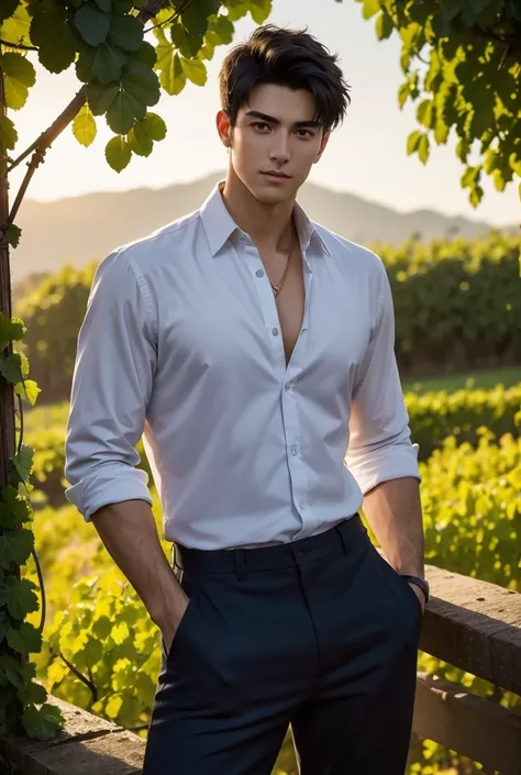 uhd, a sprawling vineyard on a hillside, bathed in the warm, golden glow of sunset. a tall, fit man with a lean, muscular body s...