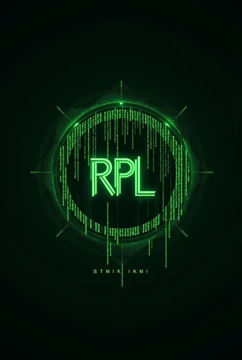  Create a logo,pictorial ,futuristic of writing( RPL )inside the circle With green matrix code that is lined up like hacker-style rain , and writing (STMIK IKMI )below it follows the circle 