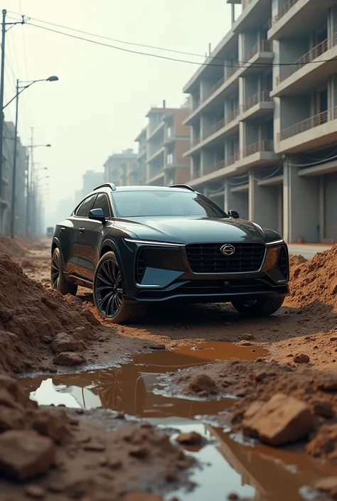 A modern designer suv car in middle partition of unconstructed muddy road and city road is going crossing over the off road which is to off-road and the keys of other cars are into the tyres jf that car

