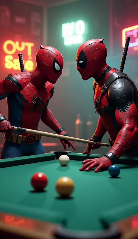 spider-man and deadpool playing billiards