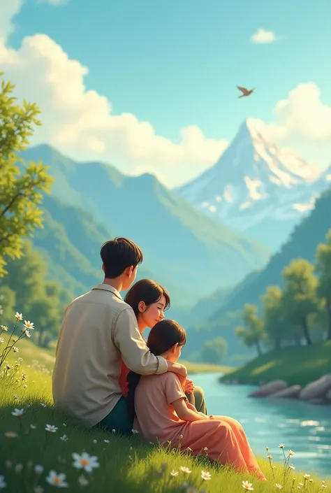 Symbol of peace: A peaceful scene where the strange noises of the house have stopped and the family is sitting together happily. A beautiful landscape, which shows a sense of peace and tranquility.