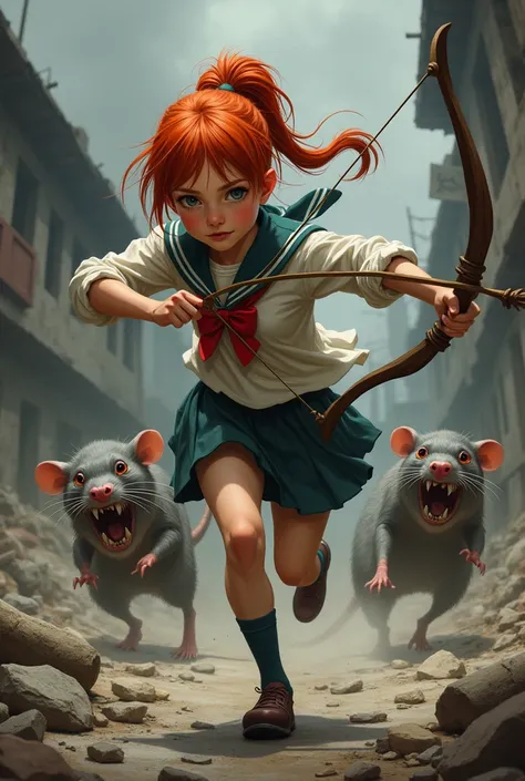 girl, schoolgirl, redhead, with a bow and arrow in a post-apocalyptic world runs away from mutant rats 