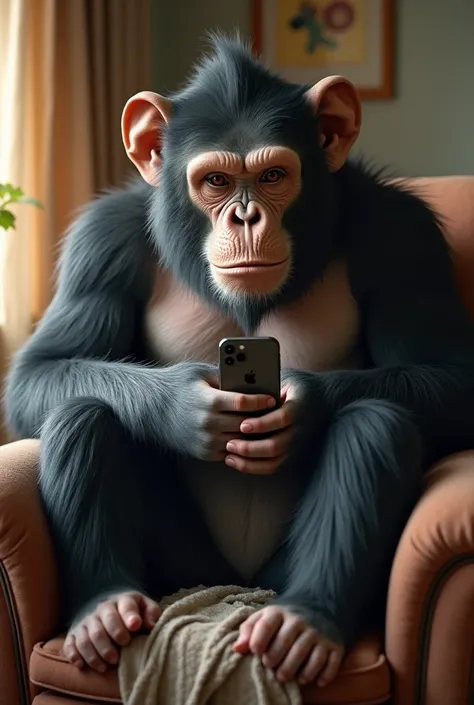 Create me the big monkey in the home sit the chair with the iphone 15 pro max  the monkey need the big ears 