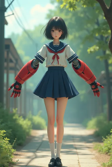 live-action、Real、Beautiful Japanese high school girl wearing a summer sailor uniform、Black Hair、Short Bob、Loose socks、Black Loafers、Mazinger Z&#39;s Arm、Spread your arms