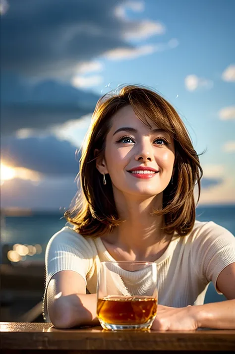 (Realistic, 超Realistic:1.4), 16K HDR, High resolution,Brown short hair,The best smile、Japanese actress,Super beautiful(Like the real thing),Short sleeve dress,Whiskey Bottle、The Macallan、Johnnie Walker、、Old Parr、whiskey、Suntory、Nikka、Slim couple、Model Coup...