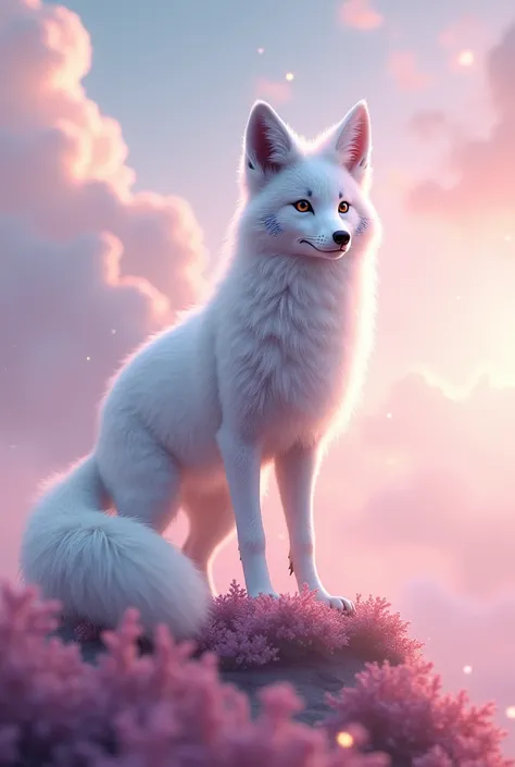 Create an image of a white fox with a long, flowing tail and intricate patterns. This fox is set against a soft pink and purple sky full of stars, giving the image a magical and otherworldly feel. The ground is covered in soft pink vegetation, adding to th...