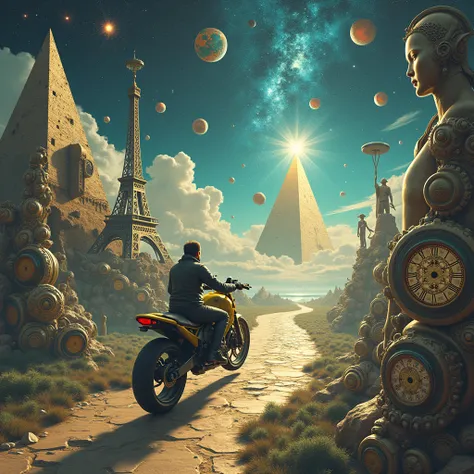 A man on a motorcycle rides along the road that is in a celestial constellation to pass through a door that opens onto our world. Il y a aussi des mécanismes et horlogerie,et devant la porte une pyramide, la tour Eiffel et la Joconde qui indique la directi...