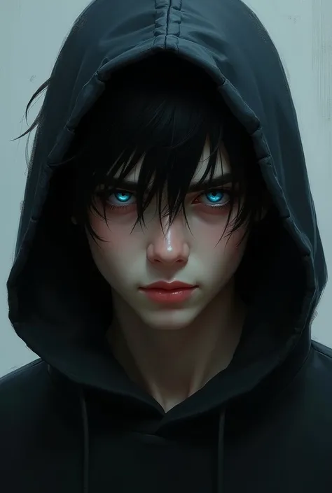 Teenage boy with sharp sapphire blue eyes, Black hoodie, jet black hair
