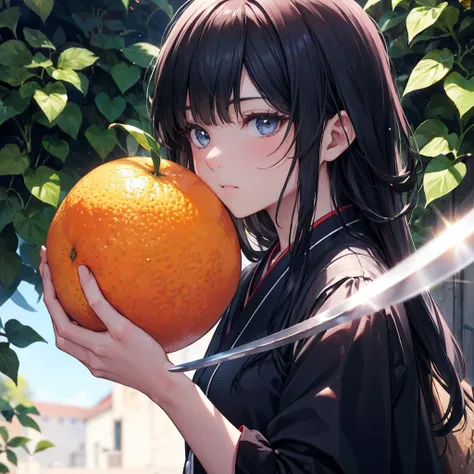 Citrus Fruit Swordsman,fruit,Orange Creatures, fruitの剣士, Three heads,plant body,蔓が生えたfruit, 剣を持ったfruit, Holding a sword with ivy,Very detailed, 8k, Realistic, Dramatic lighting, Vibrant colors, Fantasy art, Digital Painting