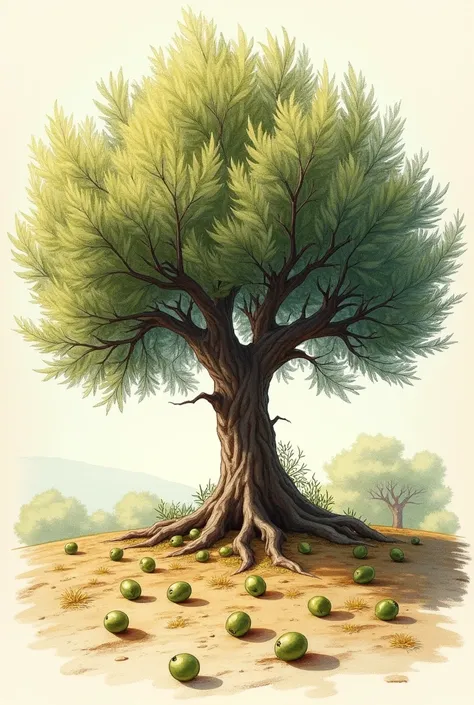 A beautiful olive tree with fallen olives everywhere on a spring day. Il y aurait beaucoup de vent dans lillustration dans un style graphiquement décidé française de dés. The pencil strokes must be extremely detailed.. Finely detailed warm and vibrant colo...