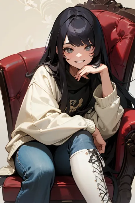 wallpaper,A woman is sitting on a chair，look up， Best Quality, Very detailed, masterpiece, Very detailed, Illustration,Feet Focus, Grin， bangs，Long Hair，齐bangs, White boots，Black sweatshirt，jeans，Older sister，20 years old，Very high，Close up of the sole of ...