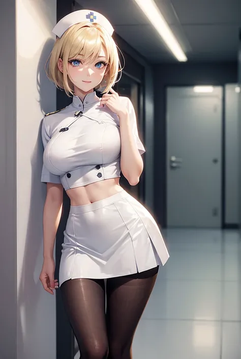 Anime style, super fine illustration, highly detailed, beautiful detailed, pale tone image, static representation, gentle expression, 8k, pretty & perfect 1girl with blonde straight short hair & blue eyes & a bright smile & big breasts & soft fair skin is ...