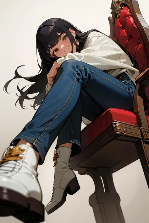 wallpaper,A woman is sitting on a chair，look up， Best Quality, Very detailed, masterpiece, Very detailed, Illustration,Feet Focus, Grin， bangs，Long Hair，齐bangs, White boots，Black sweatshirt，jeans，Older sister，20 years old，Very high，Close up of the sole of ...