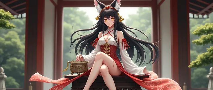 Best Quality, masterpiece, High resolution　(Realistic)　(Fox ears)　Fox&#39;s Tail　Black Hair　Golden Eyes　Shrine maiden costume　Skirt with slit　Bell Accessories　Big Breasts　Brave expression　shrine　Sit on the offering box　One knee up　barefoot