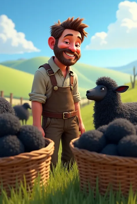 A  farmer smiling at a black sheep near three basket of black wool 