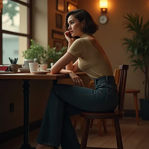  plain vintage aesthetics, plain vintage, 40-years-old woman, table, dark high-waisted flared jeans, turtleneck, in cafe, artistic posing, heels, bob-cut