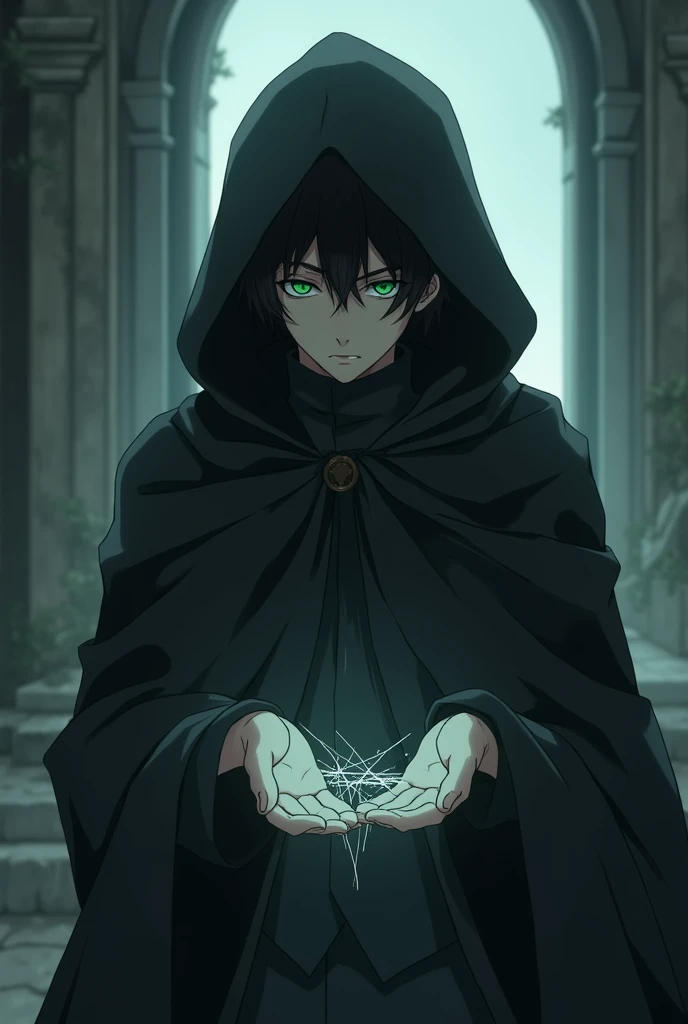 <xml><input>human,MASCULINE,short black hair,light green eyes,clothing(hood with black cover),can(create cutting threads,Age(1),aspecto sonbrio,medieval anime style