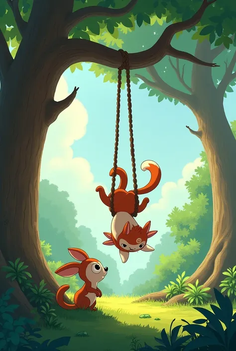  Sonus swing game: सोनू setting up a vine swing between two tall trees, inviting हग्गू to swing while he himself dangles upside down by his tail. हग्गू hovers nearby, amused but not too keen on the idea.