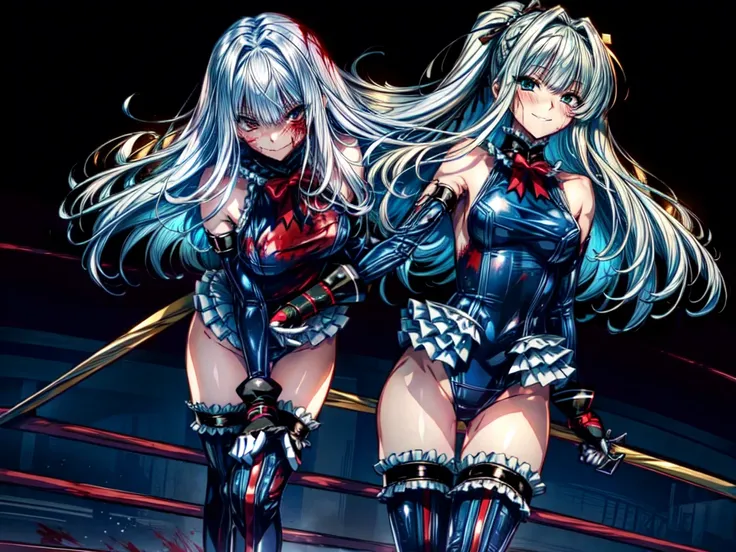 Perfect Anatomy, Best Quality, Wicked Smile,Provocative attitude
,((Standing defiantly in a blood-soaked fighting ring:1.2)),Wicked Smile,Anime Style,(Ruffled swimsuit, Knee socks, Removed sleeve), (Anime Style:1.4) ,
Silver Hair,(White fingers:1.1,black g...