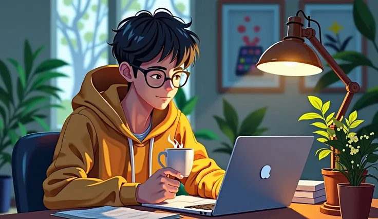 A college boy with spectacles wearing a hoodie surrounded with indoor plant, and a steaming cup coffee and writing notes, from on a apple laptop and his face is lit with table lamp. Create a desktop wallpaper from a isometric projection anime theme