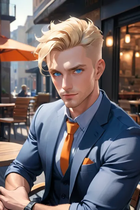 1 mature man; age 28; attractive; masculine adult; toned and muscular, powerful athletic build; very short blonde hair; expressive blue eyes with black pupils; square-faced; fair skin; smug; rugged good looks; strong square wide jaw; broad-chin; five ocloc...