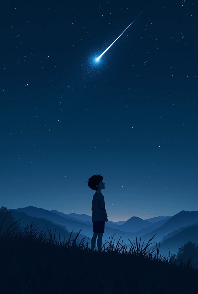 Night time. A boy gazing up at the amazing shooting start on  beautiful night. Camera angled from back at hill top Add as many details possible. Lights are reflecting on some mountains far away...its dark night...full of stars and one shooting star...land ...