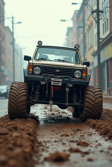 A sedan+ suv car of small tyres for printing advertisement in middle partition  two tyres in unconstructed muddy road and two tyres in city road is going crossing over the off road which is to off-road and the keys of other cars are into the tyres jf that ...