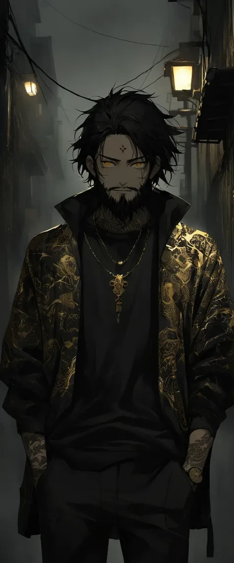 Anime Style。A black silk shirt embroidered with gold patterns。Alley in the fog。Skinny young man standing with his hands in his pockets。Droopy eyes。Thin face。Nihilistic smile。Black beard and beard。Messy long black hair。(Alone: 1.2),。Ethnic gold tattoo on fo...