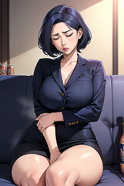 a career woman, 3, wearing a suit、1 person、hairstyle: short hair permanent、navy blue skirt underneath、with a tired look on his f...