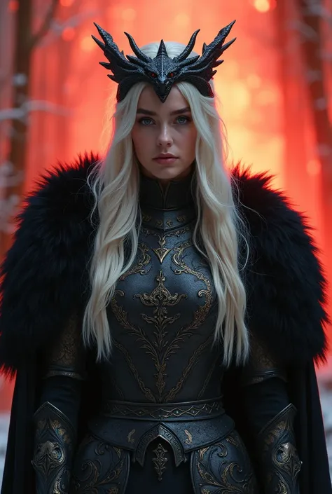 Create a Targaryen: long platinum hair, elaborate and luxurious armor with black details. Maybe a dragon inspired tiara, to capture the essence of House Targaryen.work of art, Adriana Malkova,  (delicate black filigree armor), (medium breasts), (perfect bo...