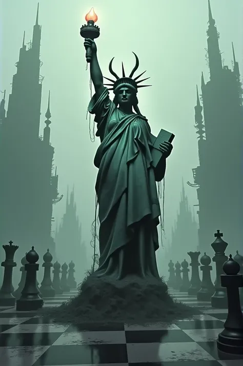 Demonic Statue of Liberty in the middle of a chess game 