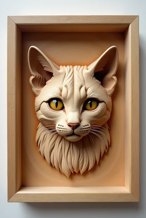 3D wood carving, relief picture of a cat earring, picture frame plain 3d